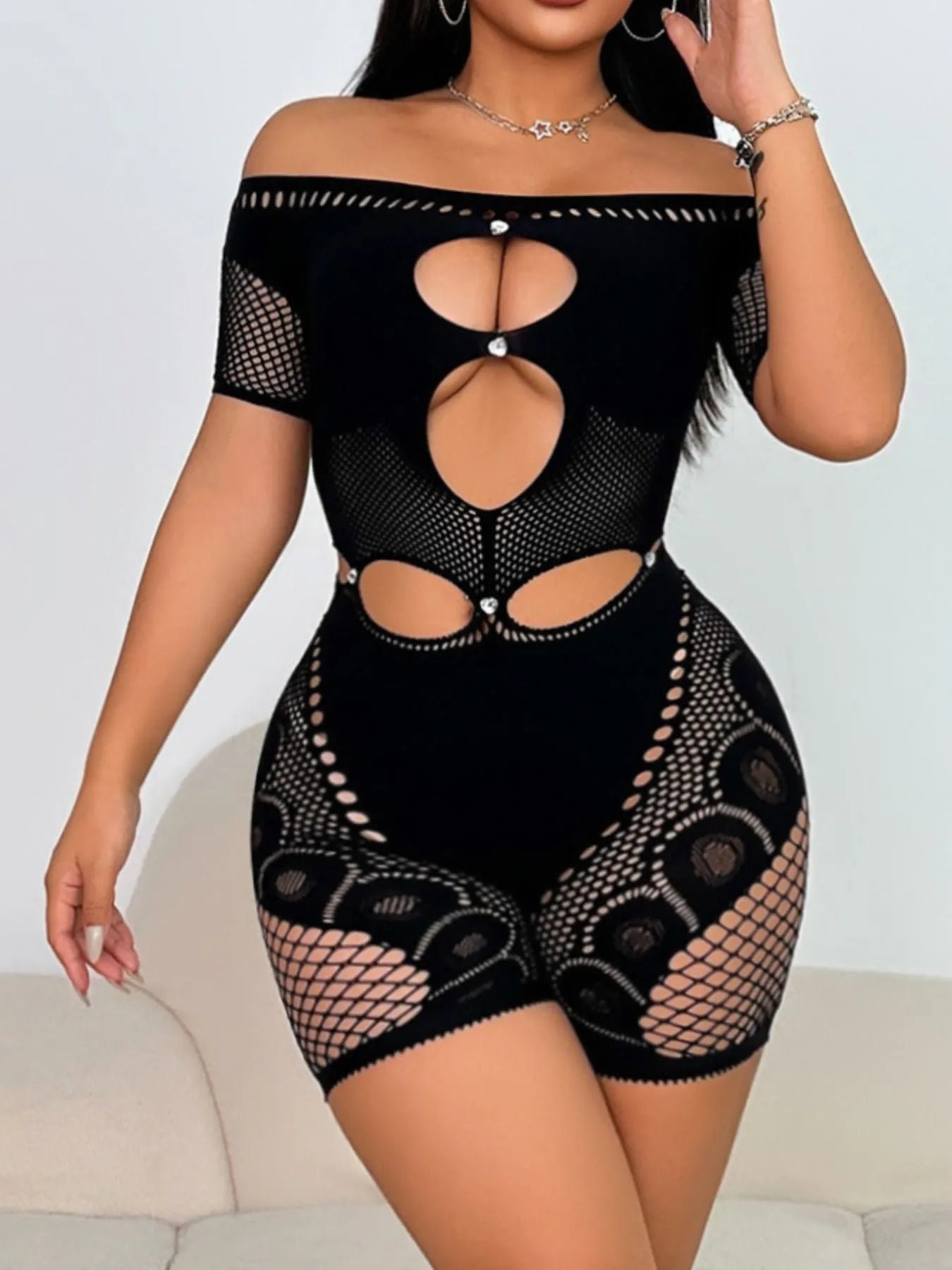 Cutout Off Shoulder Fishing Net Romper - Fashorio