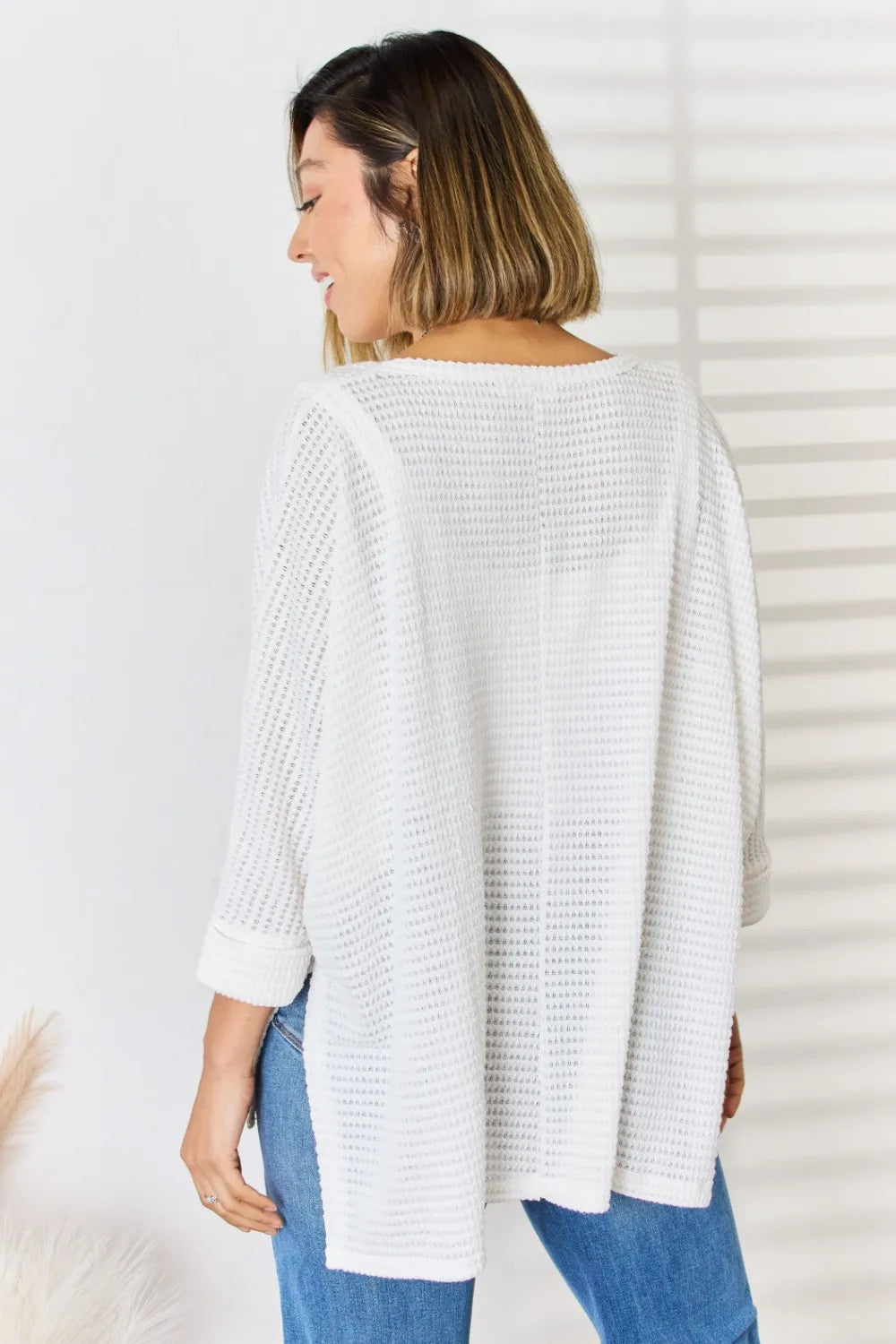 Zenana Full Size Waffle Knit V-Neck Long Sleeve Slit Top - Fashorio