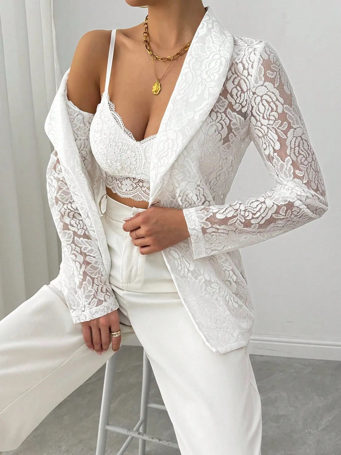 Lace Lapel Collar Long Sleeve Blazer - Fashorio