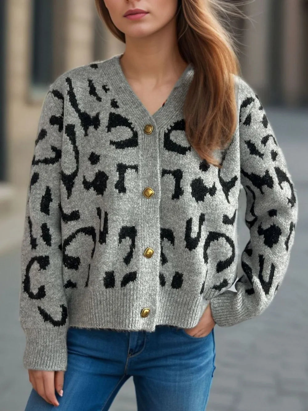 Leopard V-Neck Button Up Cardigan Gray One Size - Fashorio