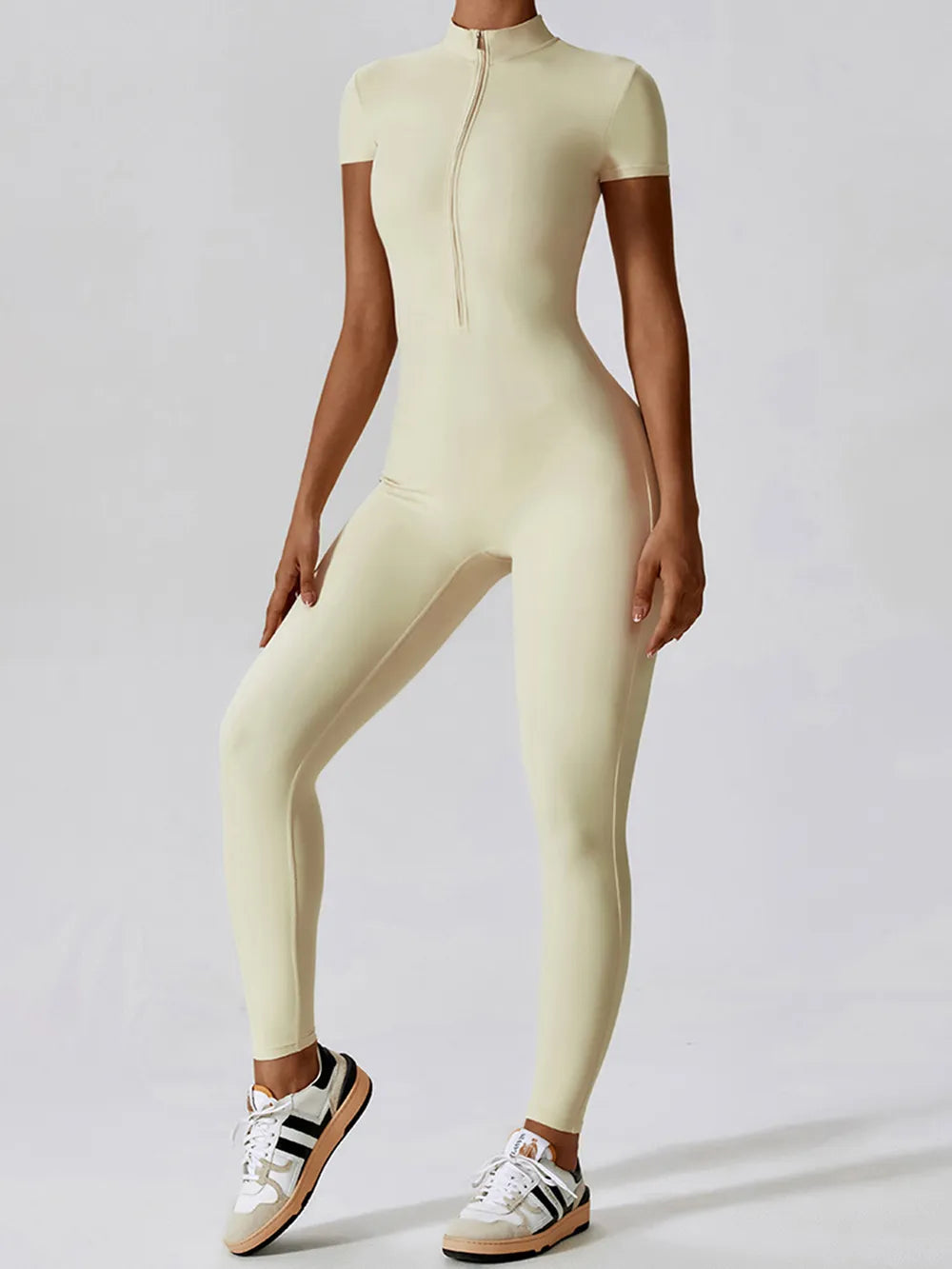 Basic Bae Half Zip Short Sleeve Active Jumpsuit - Fashorio