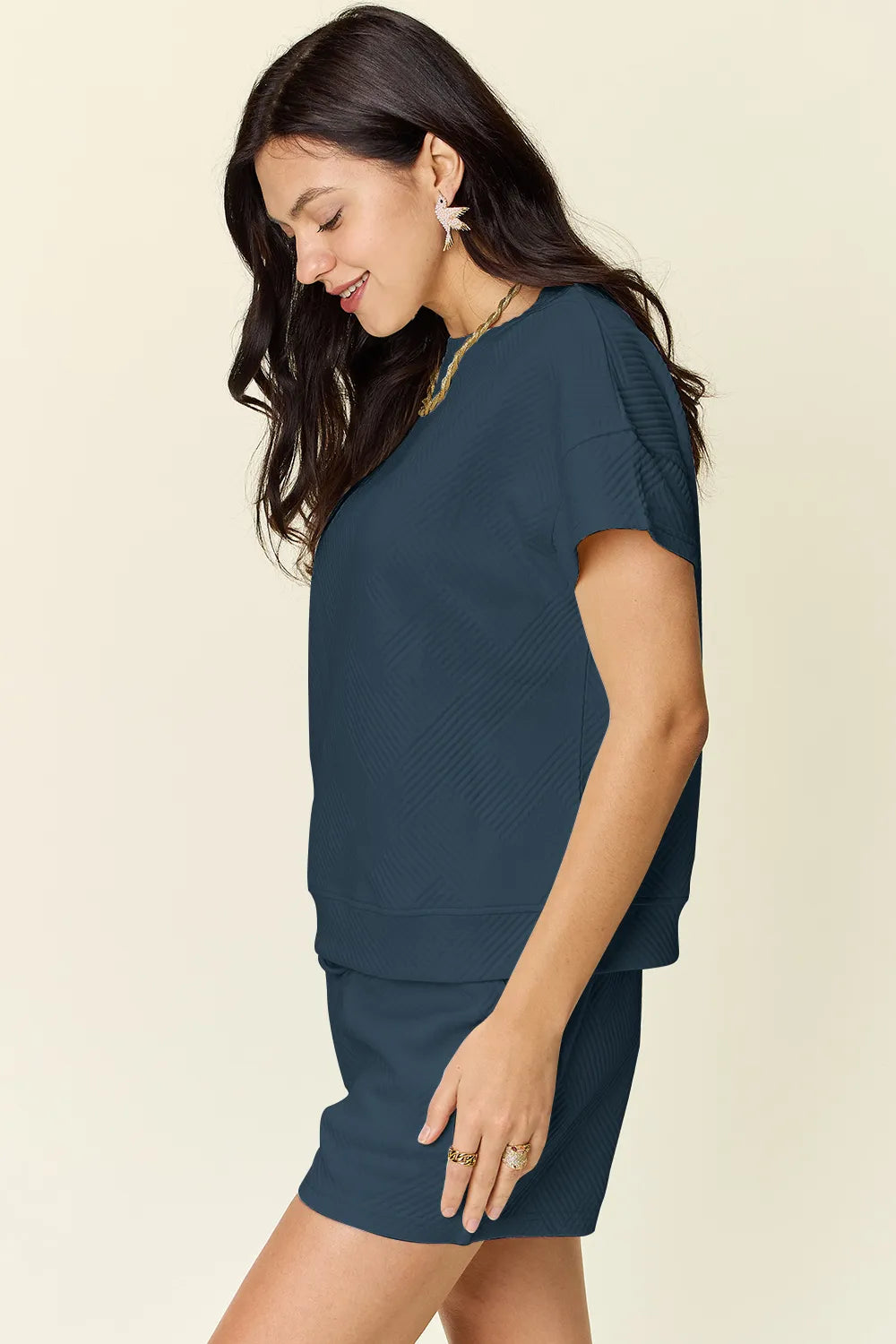 Double Take Full Size Texture Short Sleeve T-Shirt and Drawstring Shorts Set - Fashorio