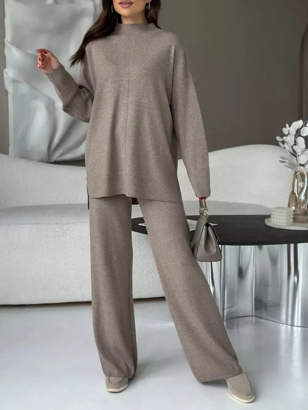 Slit Mock Neck Top and Pants Sweater Set - Fashorio
