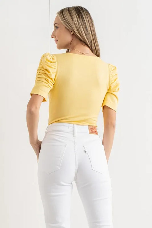 And The Why Shirring Puff Sleeve Bodysuit - Fashorio