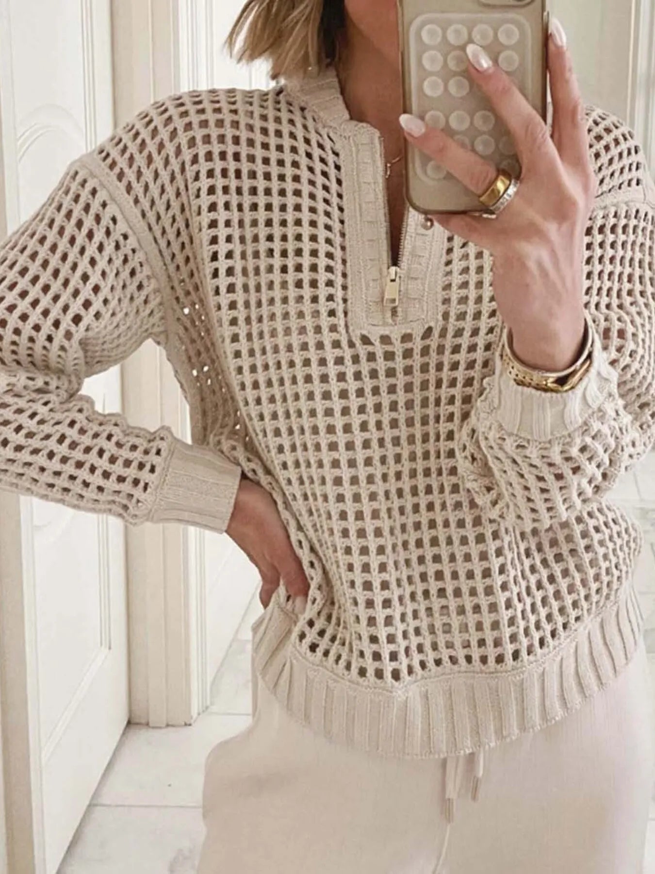 Half-Zip Detail Long Sleeve Sweater - Fashorio