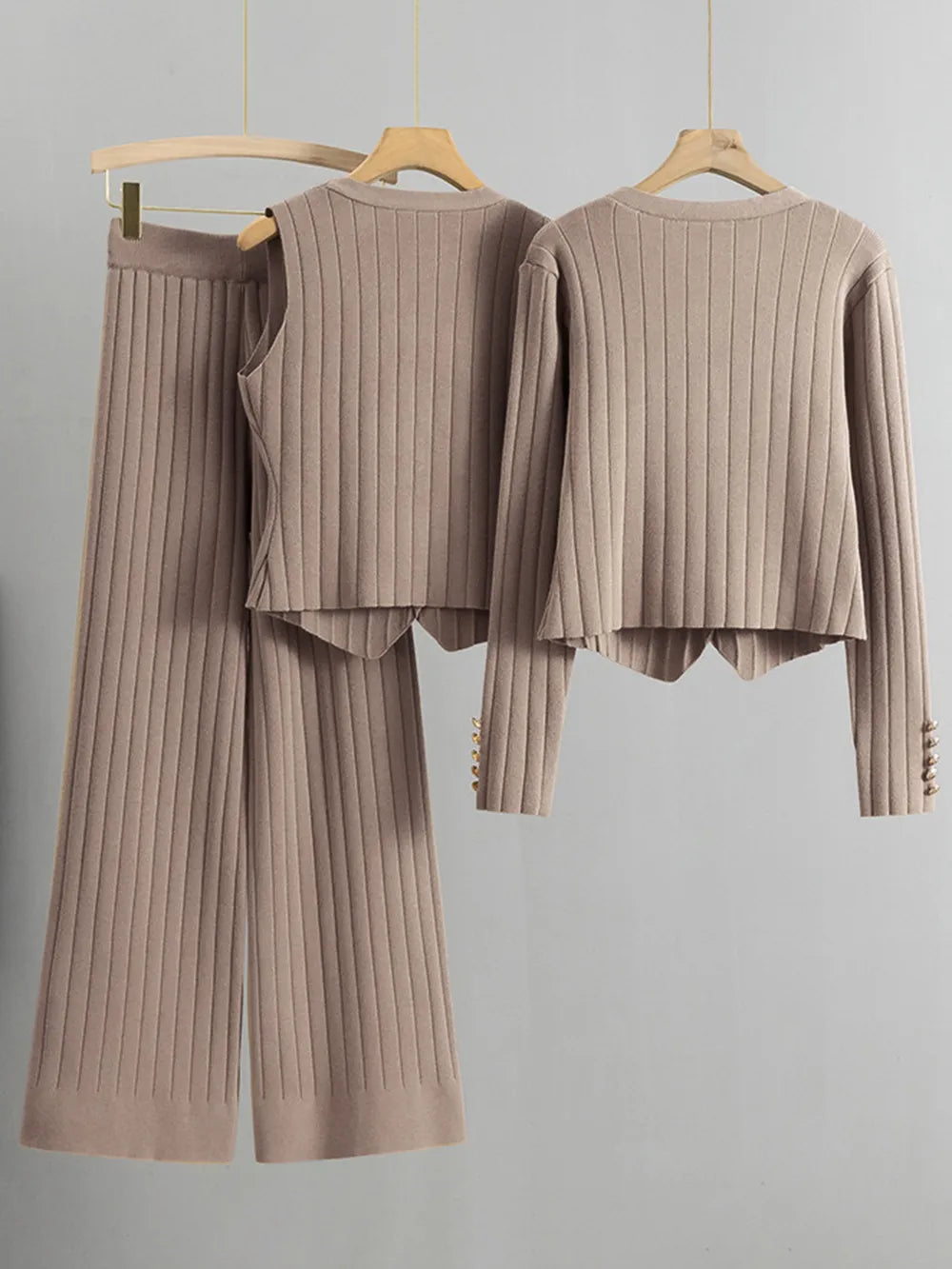 V-Neck Tank, Cardigan and Pants Three-Piece Sweater Set - Fashorio