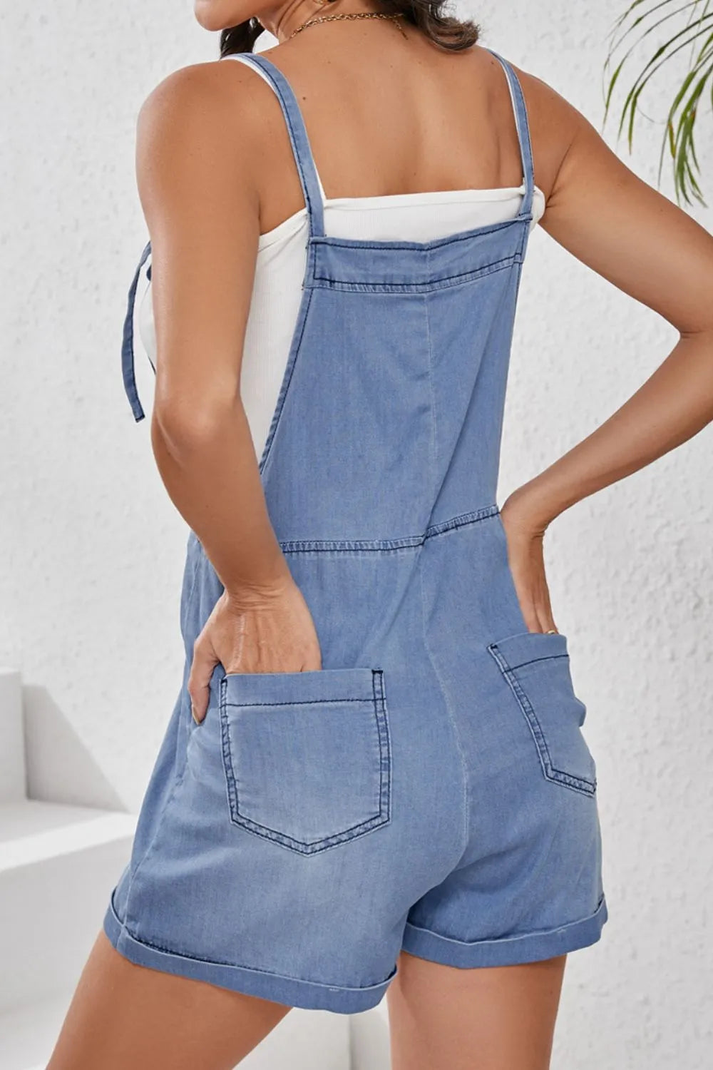 Square Neck Denim Overalls with Pockets - Fashorio