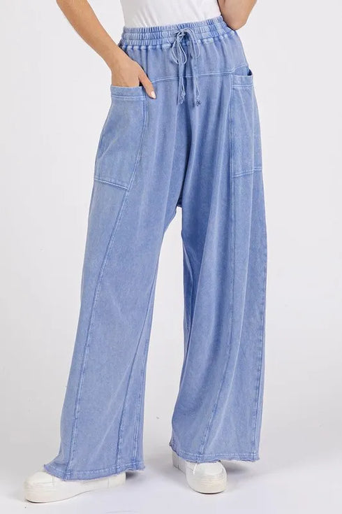 Mittoshop Mineral Wash Elastic Waist Baarrel Leg Baggy Pants Peri Blue - Fashorio