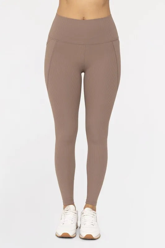 MONO B Soft Ribbed High Waisted Leggings DEEP TAUPE - Fashorio