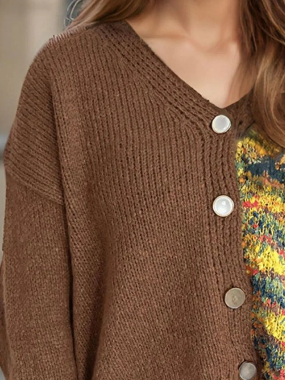 Contrast Button Up V-Neck Cropped Cardigan - Fashorio