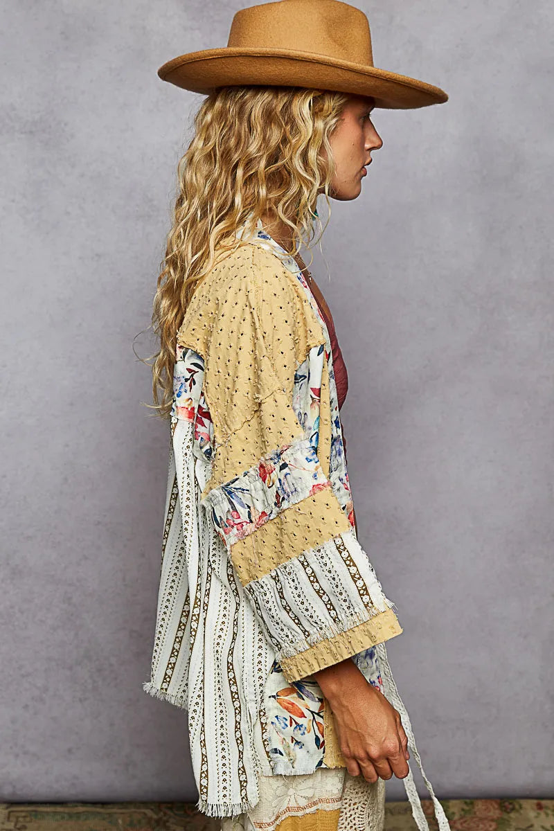 POL Raw Edge Open Front Patchwork Cardigan with Floral Trim - Fashorio