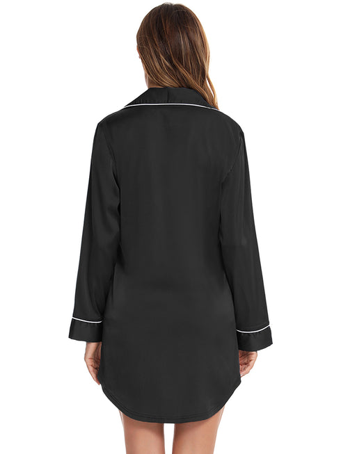 Button Up Lapel Collar Night Dress with Pocket - Fashorio