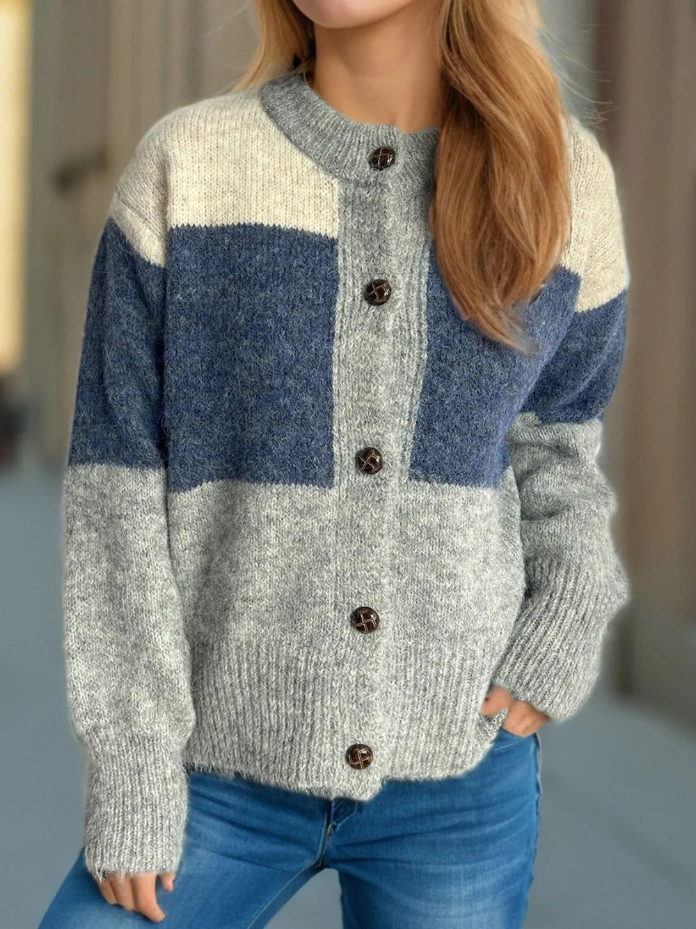 Color Block Round Neck Button Up Cardigan - Fashorio