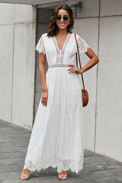 Scalloped Trim Lace Plunge Dress White - Fashorio
