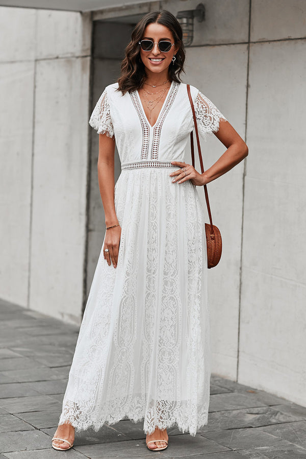 Scalloped Trim Lace Plunge Dress White - Fashorio