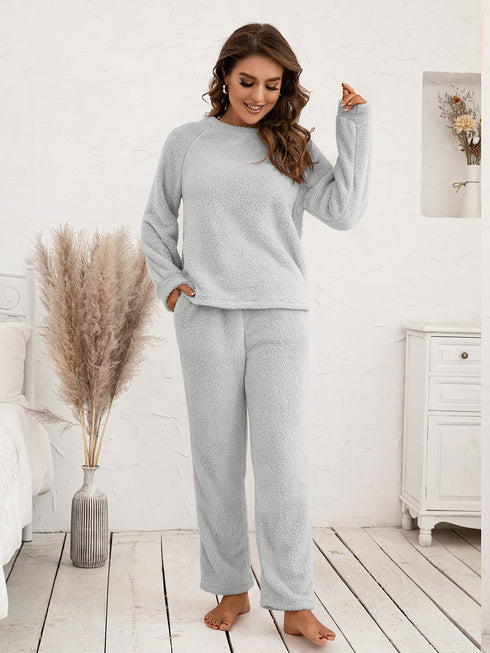 Ivy Lane Teddy Long Sleeve Top and Pants Lounge Set Light Gray - Fashorio