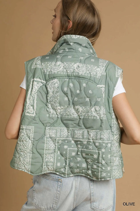 Umgee Bandana Print Quilted Puffer Vest - Fashorio