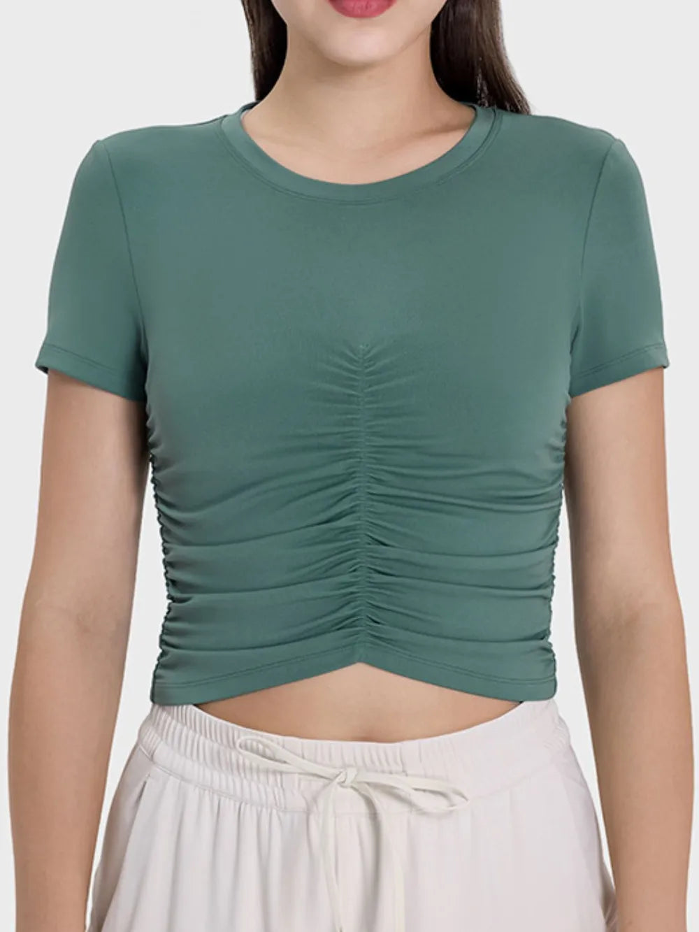 Millennia Ruched Round Neck Short Sleeve Active T-Shirt - Fashorio