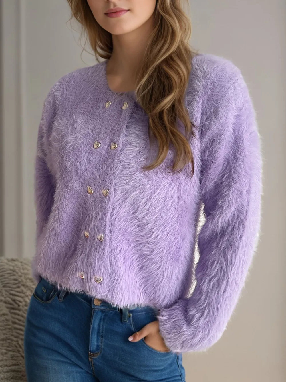 Heart Button Round Neck Cardigan Lavender One Size - Fashorio