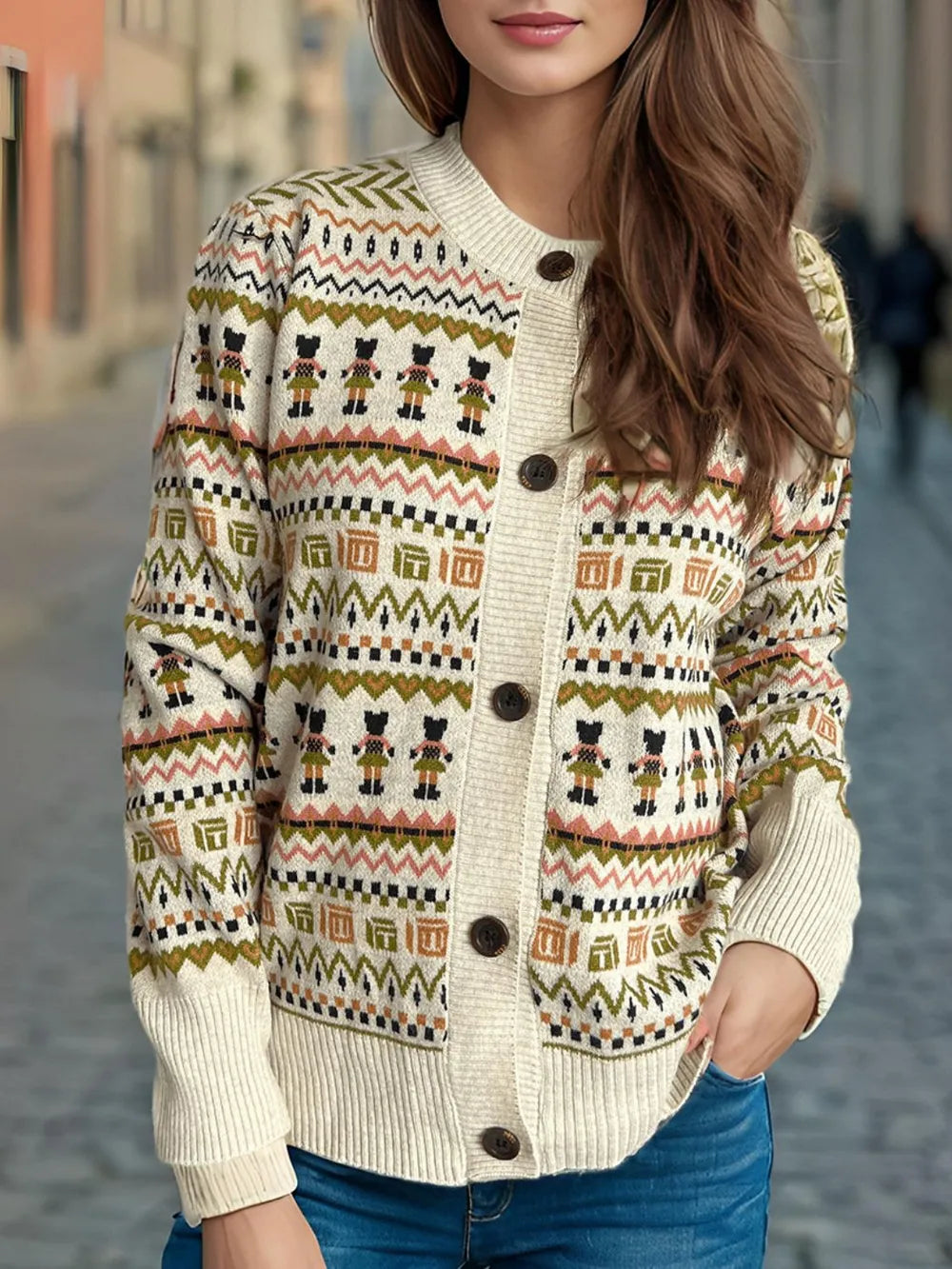 Graphic Button Down Long Sleeve Cardigan - Fashorio