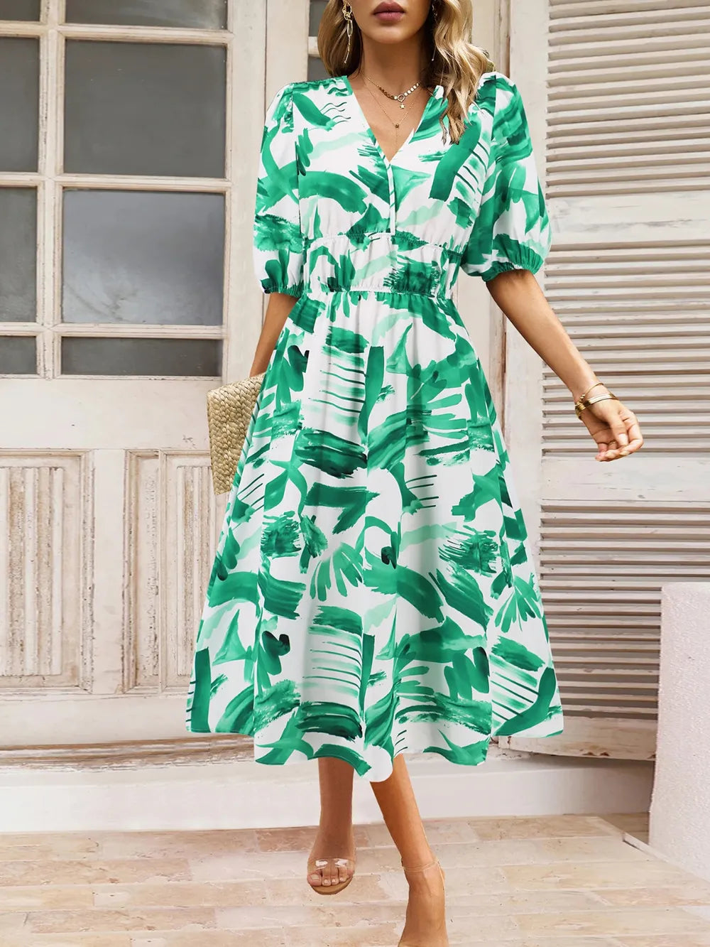 Ruched Printed Surplice Short Sleeve Dress - Fashorio