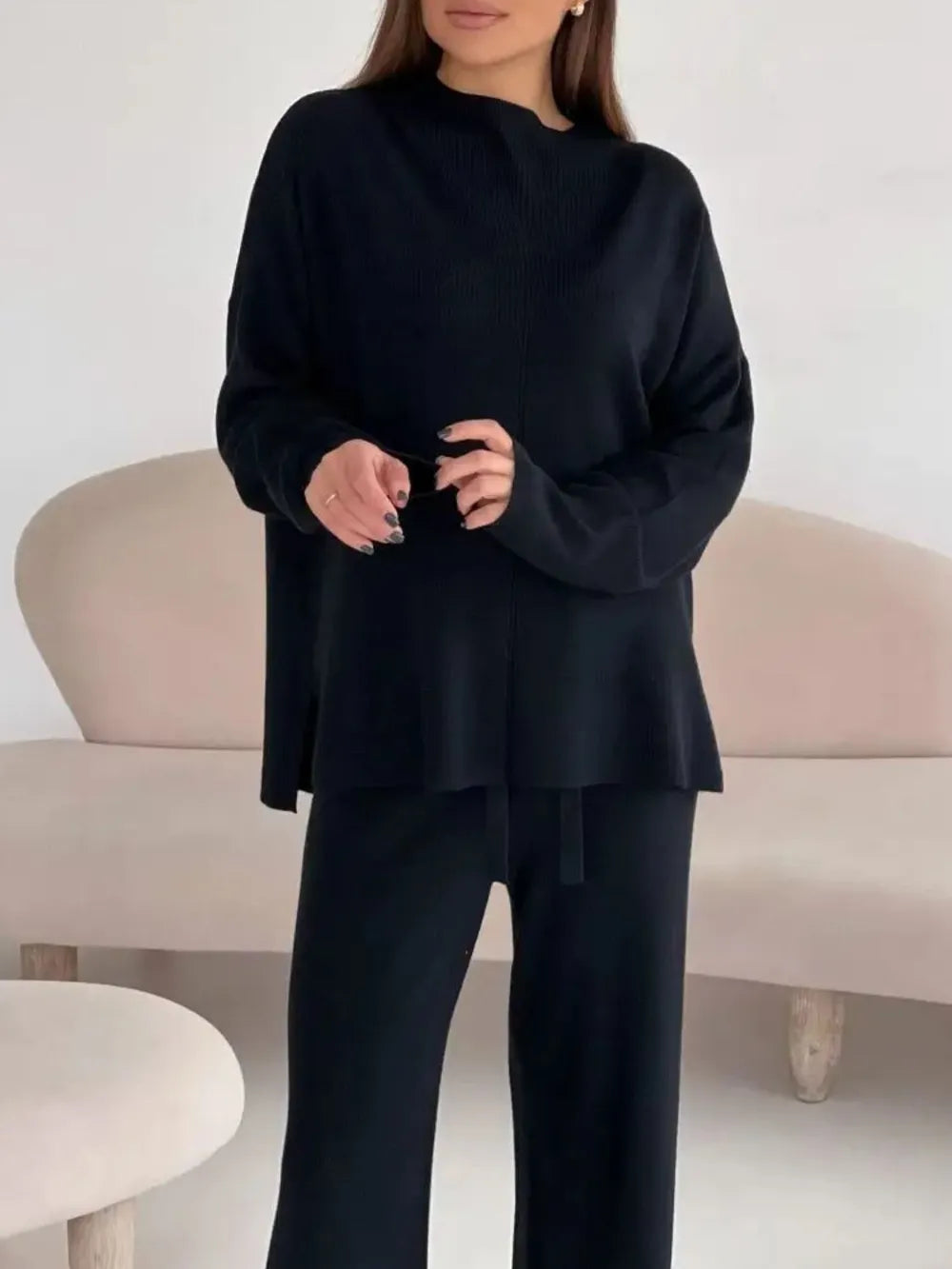 Slit Mock Neck Top and Pants Sweater Set - Fashorio