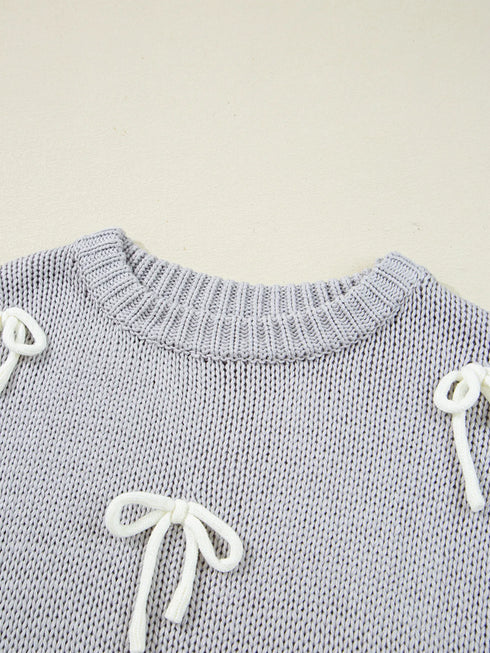 Bow Round Neck Short Sleeve Sweater - Fashorio