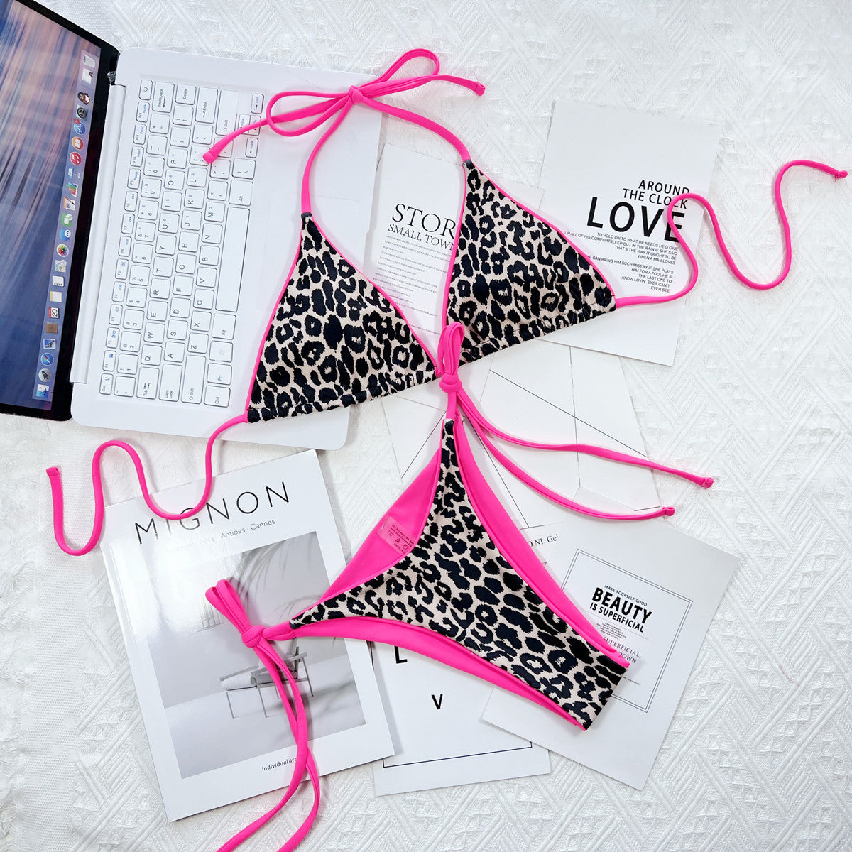 Leopard Print Halter Neck Bikini Set - Removable Padding - Fashorio