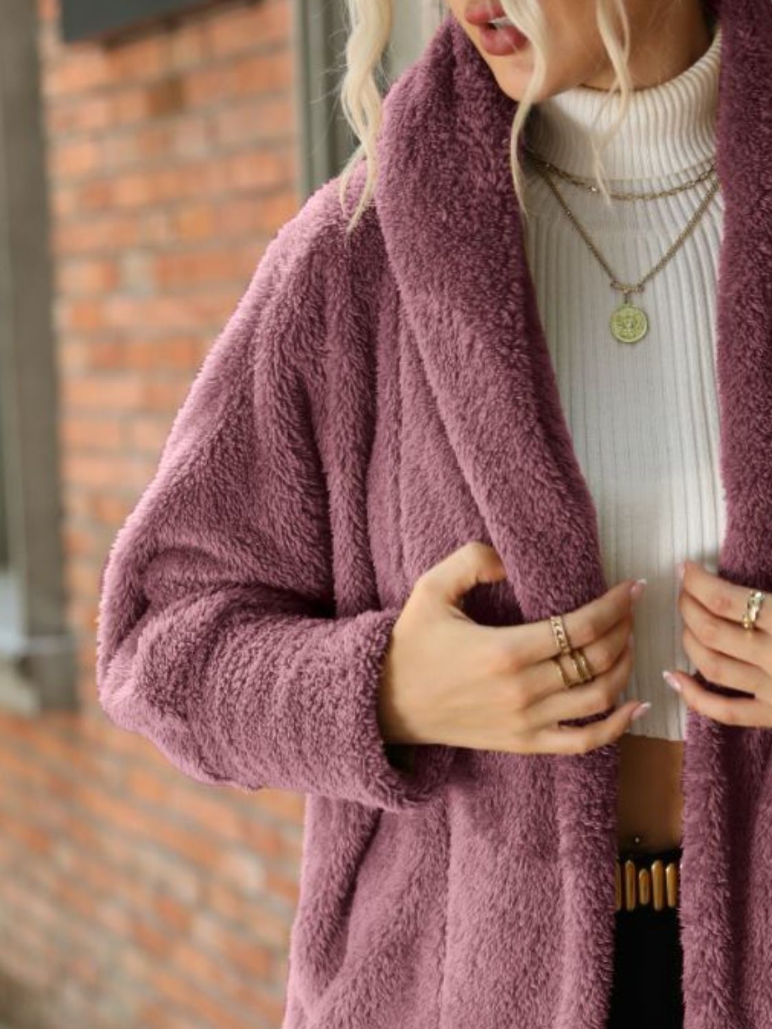 Open Front Hooded Teddy Coat - Fashorio