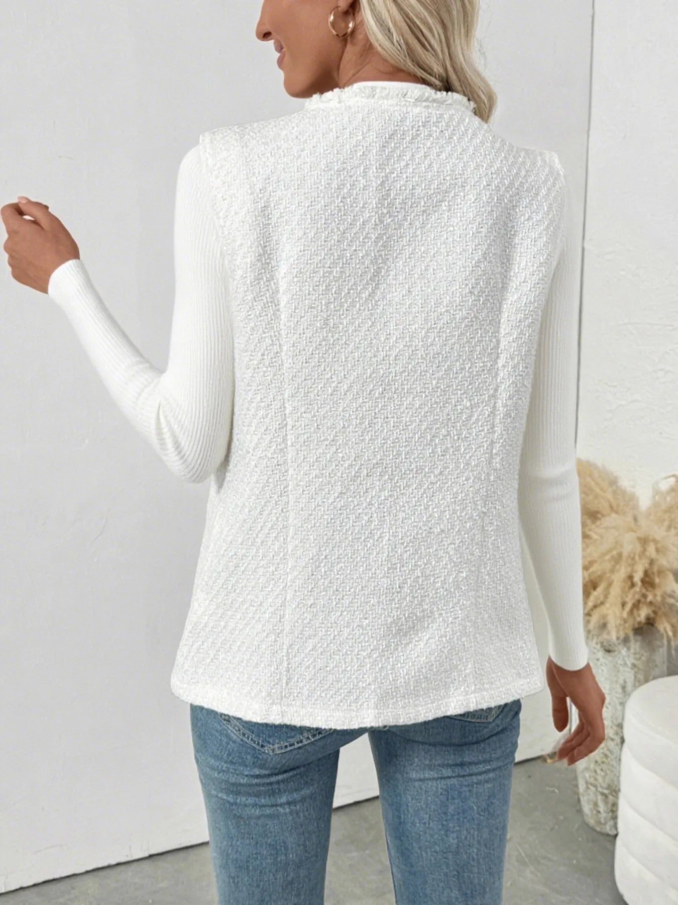 Textured Button-Front Vest with Raw Edge - Fashorio