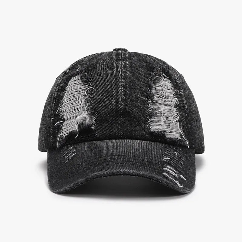 Distressed Cotton Baseball Cap Black One Size - Fashorio