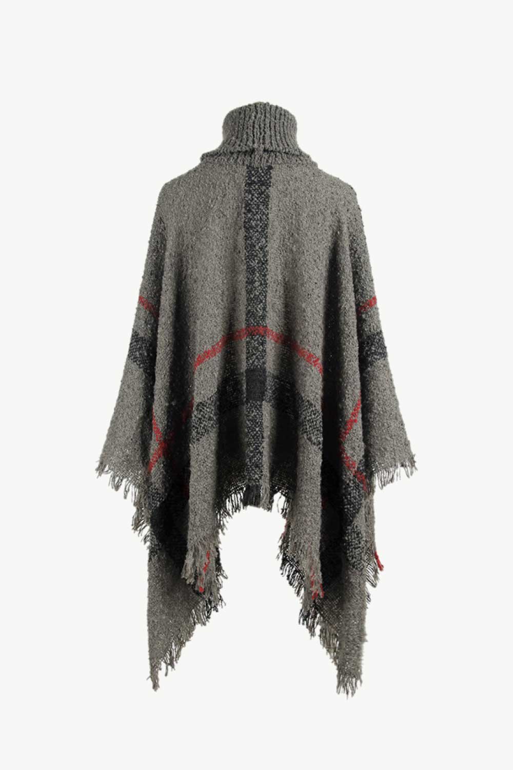 Plaid Turtleneck Raw Hem Poncho - Fashorio