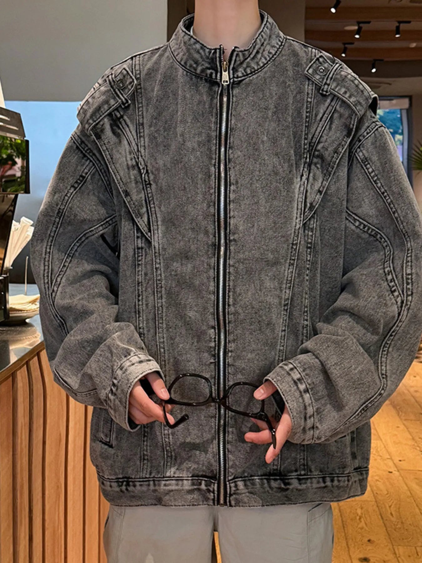 Men's Plus Size Zip Up Long Sleeve Denim Jacket - Fashorio