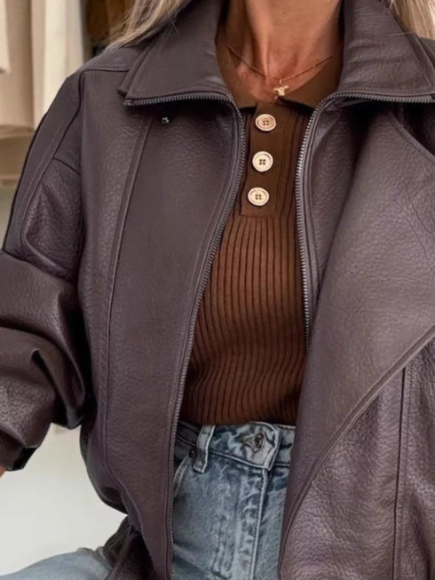 Leather Zip Up Jacket – Buttoned Faux Leather Outerwear - Fashorio