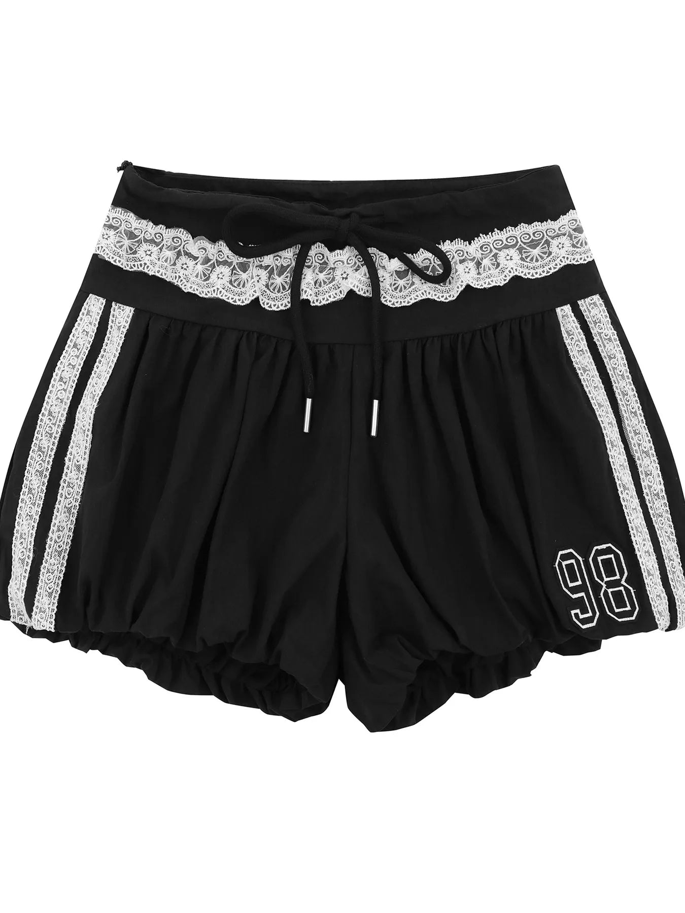 Lace Trim Shorts with Drawstring Black - Fashorio