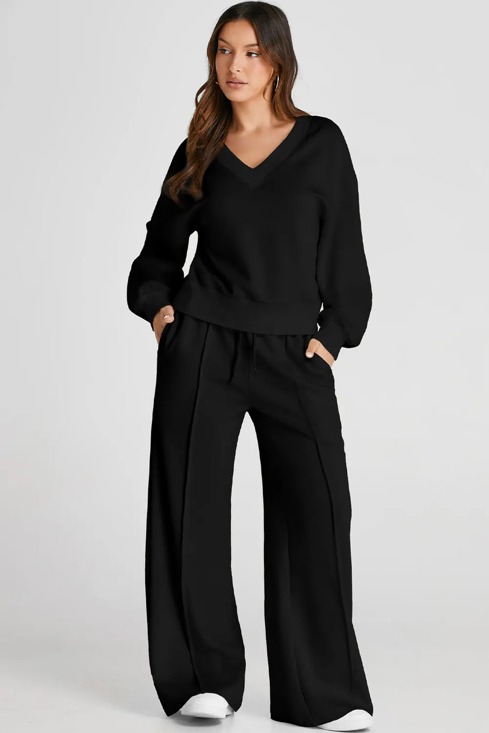 V-Neck Long Sleeve Top and Pants Active Set - Fashorio