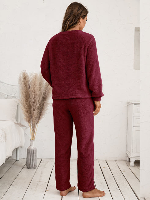 Ivy Lane Teddy Long Sleeve Top and Pants Lounge Set - Fashorio