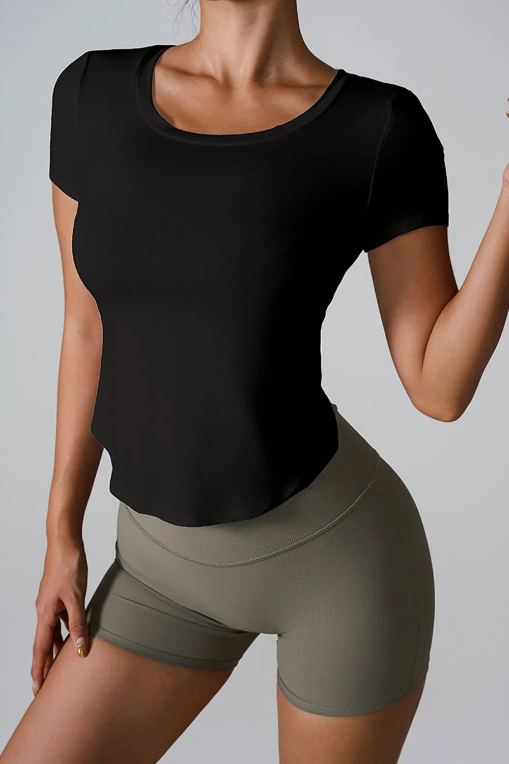 Cutout Round Neck Short Sleeve Active T-Shirt Black - Fashorio