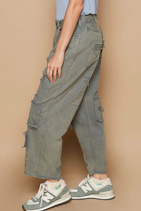 POL Distressed Raw Hem Wide Leg Pants - Fashorio