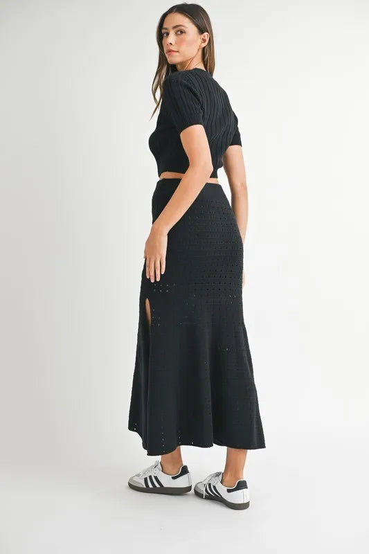 MABLE Pointelle Short Sleeve Crop Top and Slit Skirt Sweater Set - Fashorio