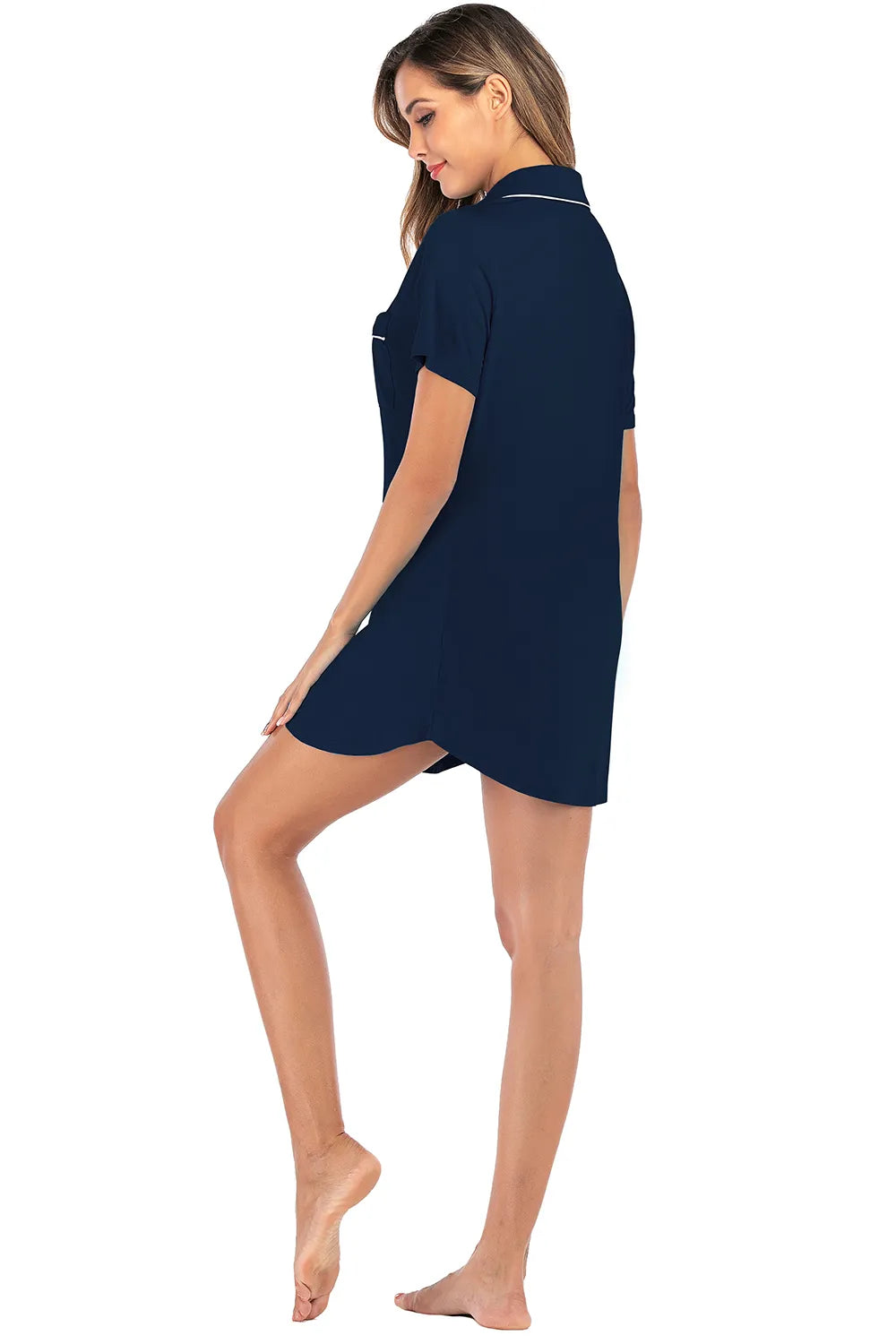 Contrast Piping Pocketed Short Sleeve Lounge Dress - Fashorio