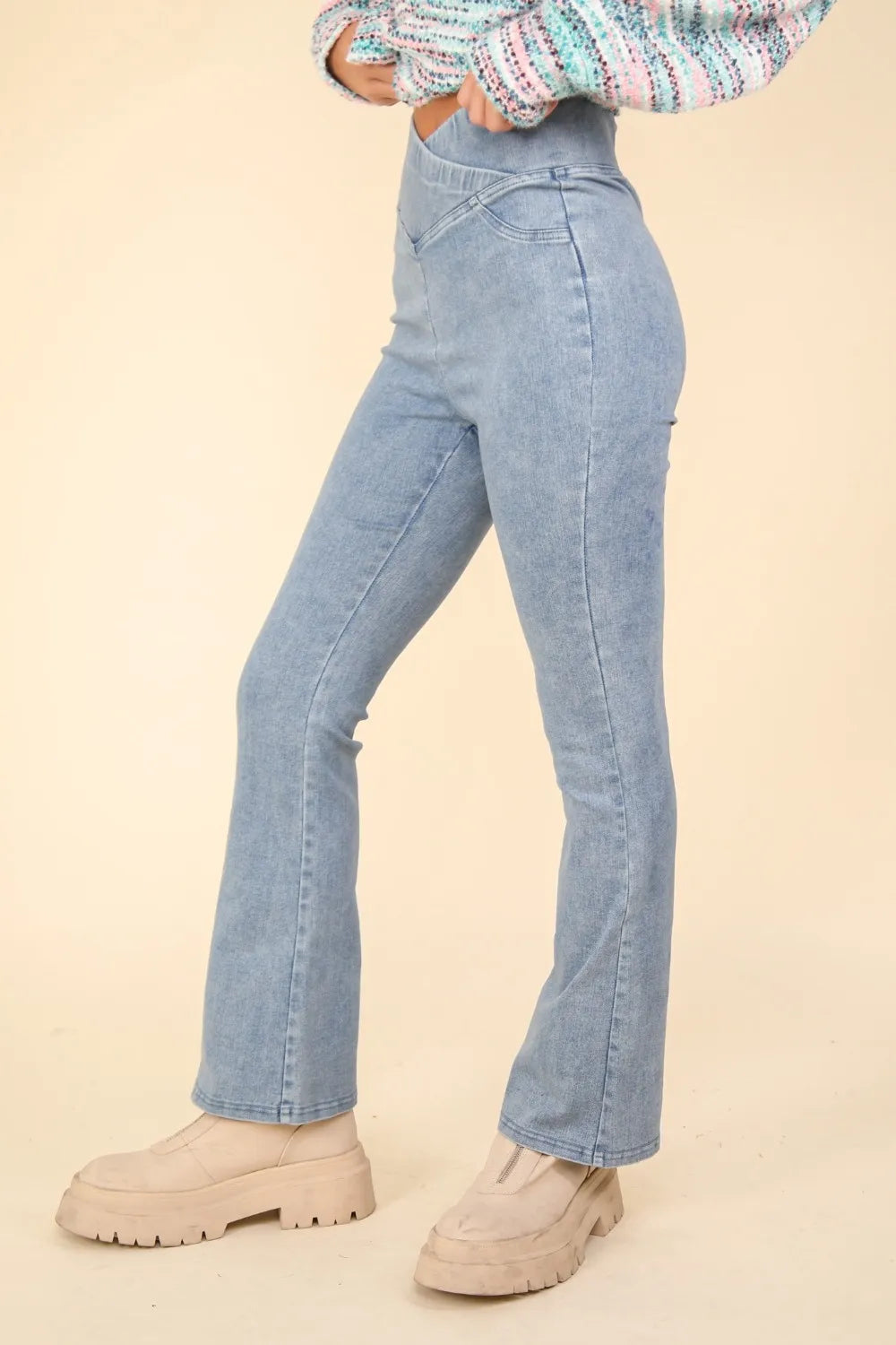 VERY J Washed Denim Stretchy Crossover Waist Leggings - Fashorio