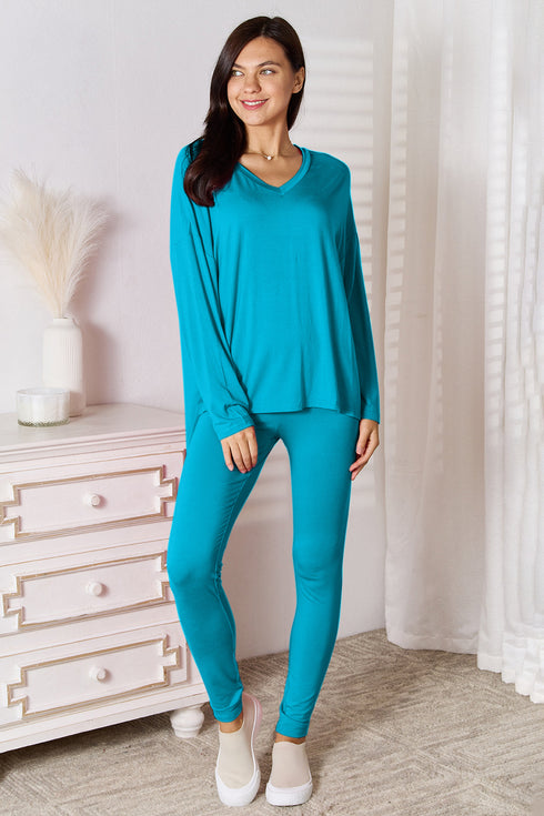 Basic Bae Full Size V-Neck Soft Rayon Long Sleeve Top and Pants Lounge Set Sky Blue - Fashorio