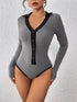 Perfee Contrast Trim Johnny Collar Long Sleeve Bodysuit - Fashorio