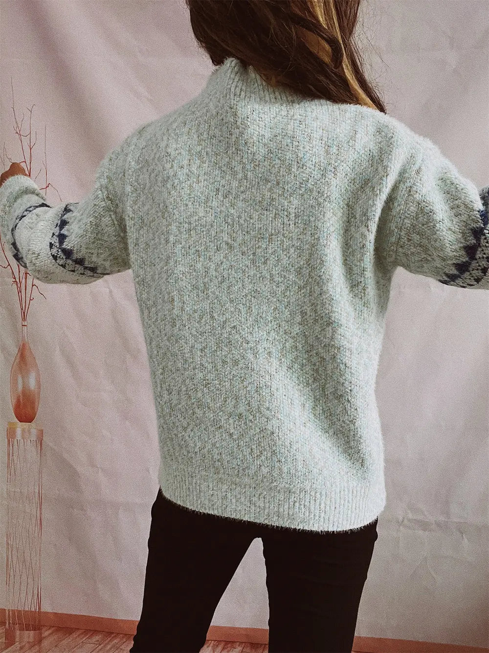 Geometric Mock Neck Dropped Shoulder Sweater - Fashorio