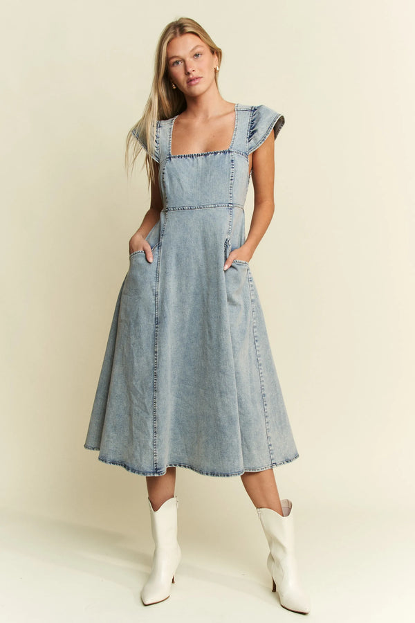 Jade By Jane Full Size Ruffled Denim Midi Dress Plus Size DENIM BLUE - Fashorio