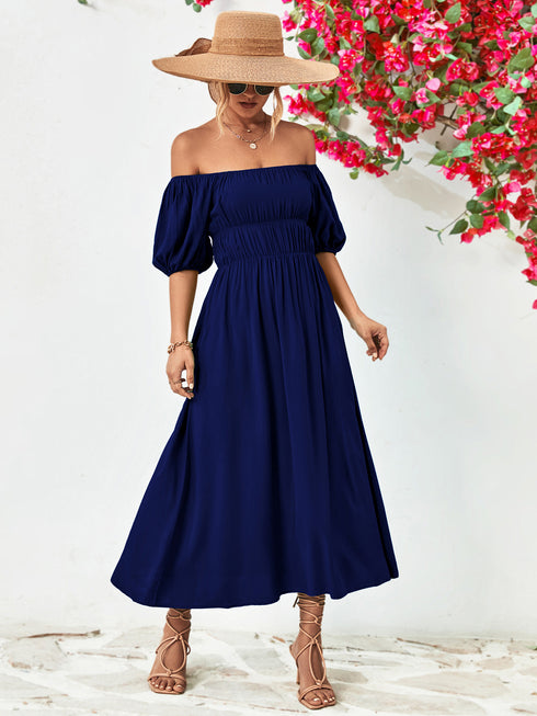 Off-Shoulder Balloon Sleeve Midi Dress - Fashorio