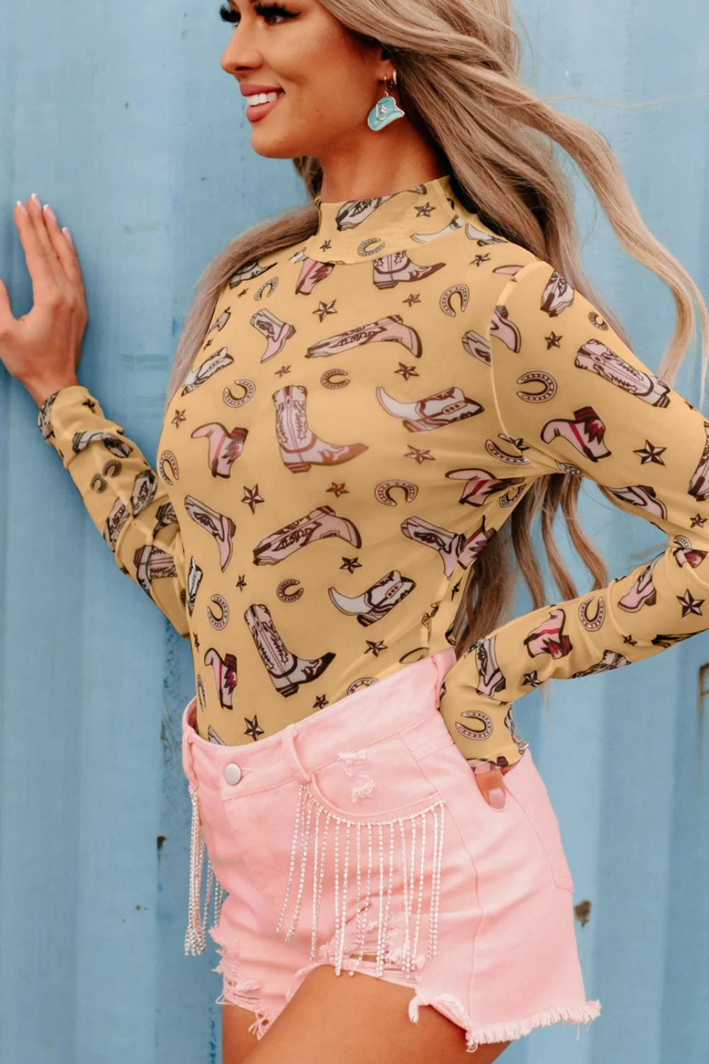 Printed Mock Neck Long Sleeve Bodysuit - Fashorio