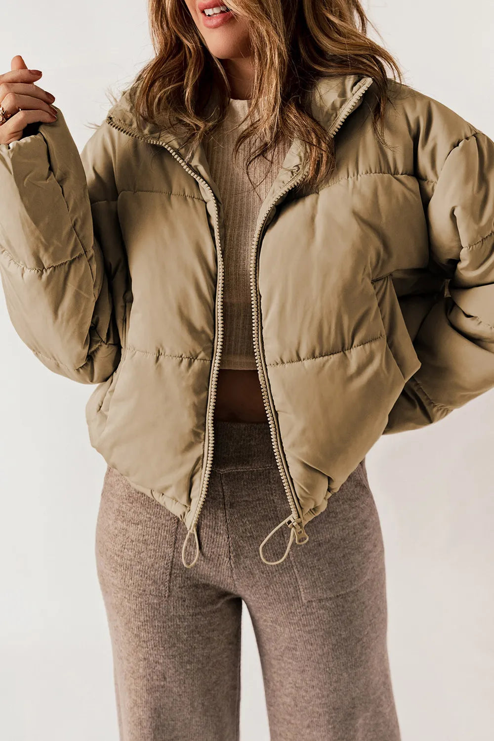 Zip Up Collared Neck Long Sleeve Winter Coat - Fashorio