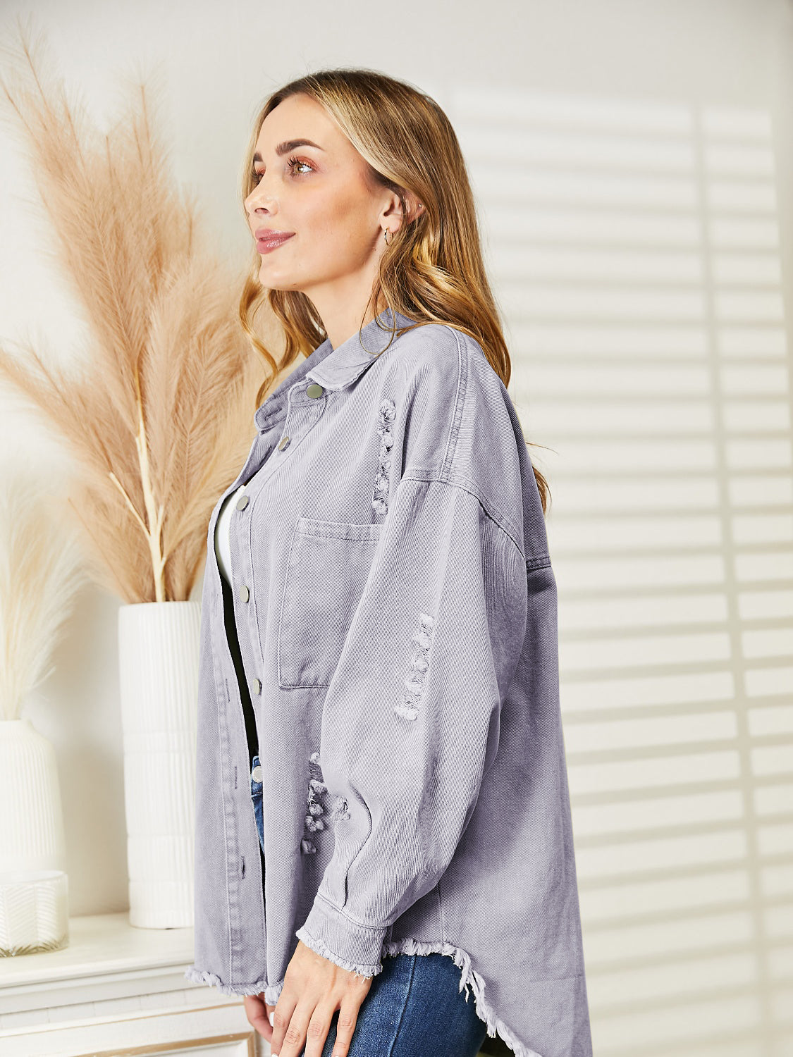 Distressed Raw Hem Denim Jacket - Fashorio